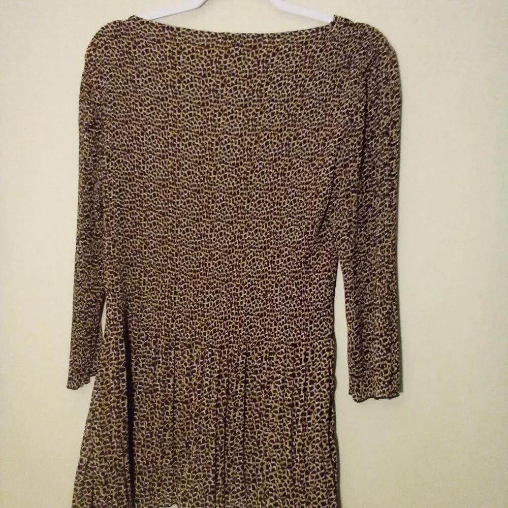 CC Blouse S 3/4 Sleeve Soft Stretch Ribbed Asymmetrical Animal Print Brown Black